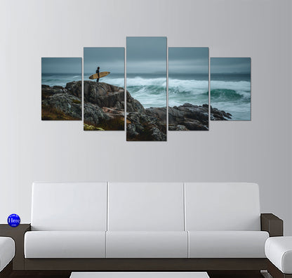 Windswept Rock and Surf Scene With Lone Surfer 5 Panel Canvas Print Wall Art