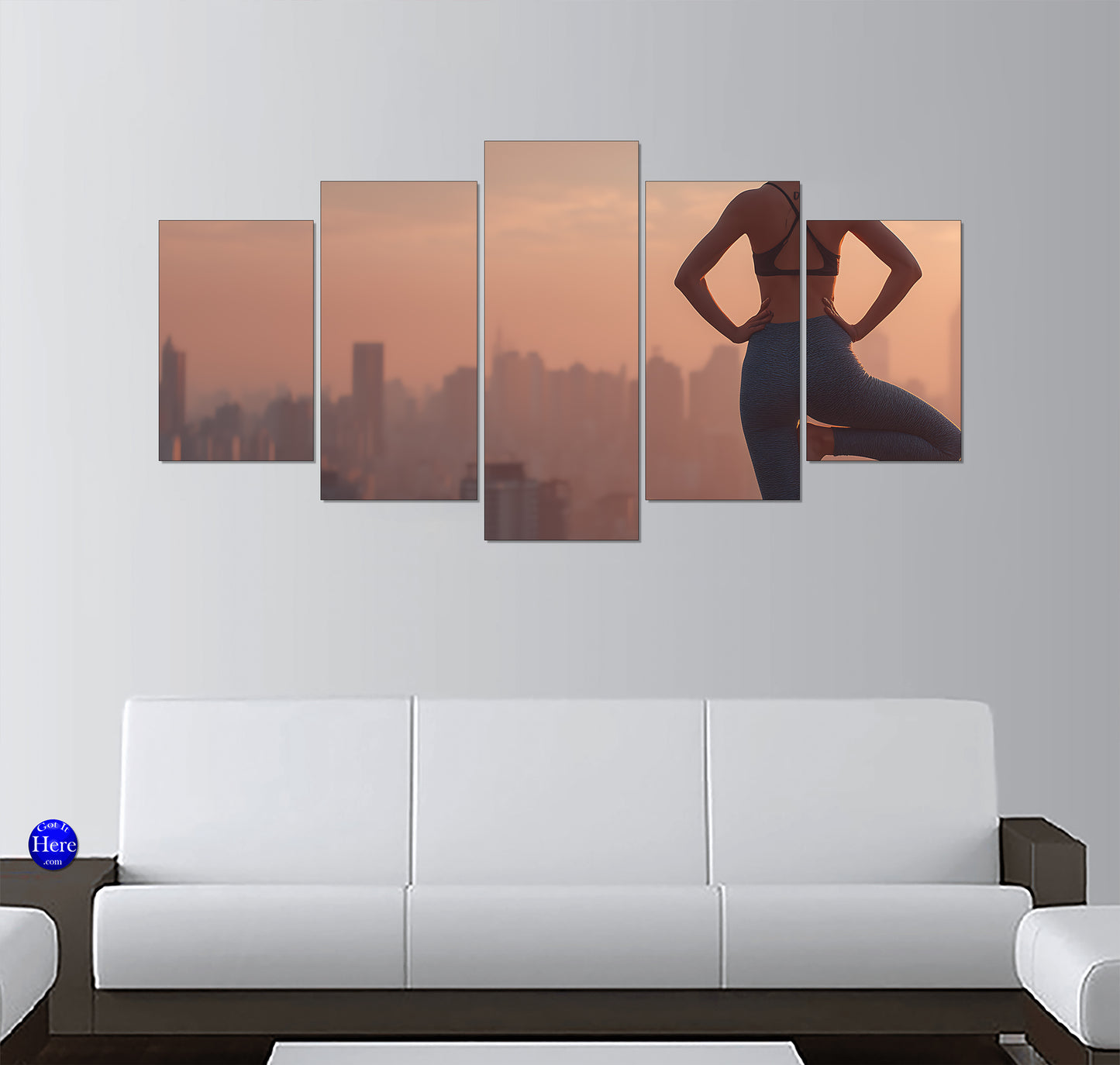 Rooftop Yoga Tree Pose Against a Misty Sunrise City Skyline