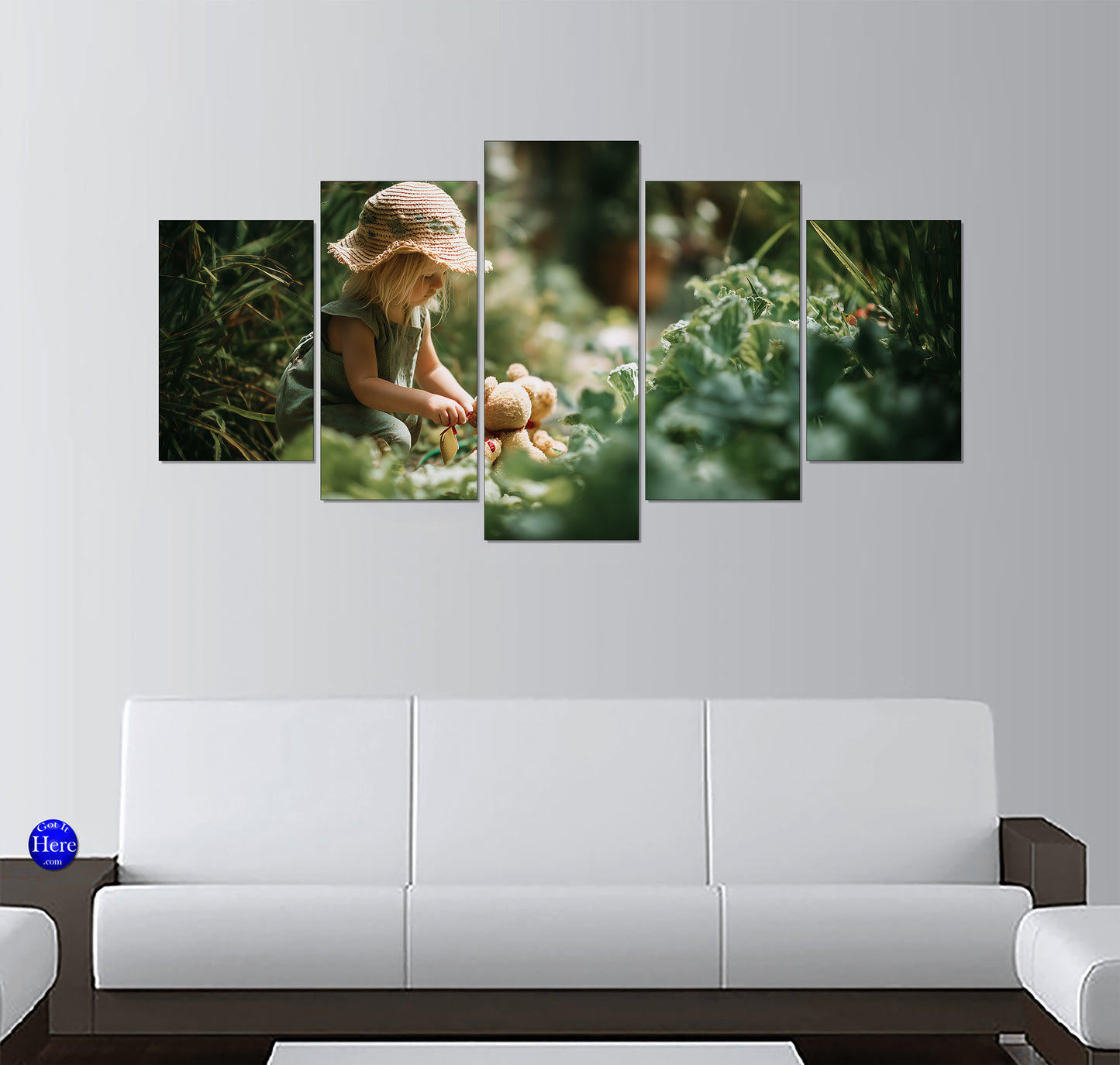 Young Girl in a Straw Sunhat Playing with Teddy Bears in a Garden