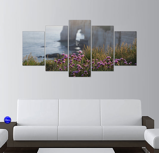 Coastal Cliffside with Purple Flowers 5 Panel Canvas Print Wall Art