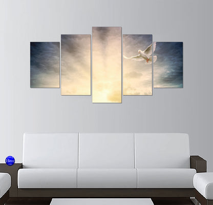 Flying White Dove Through Heavenly Light and Storm Clouds
