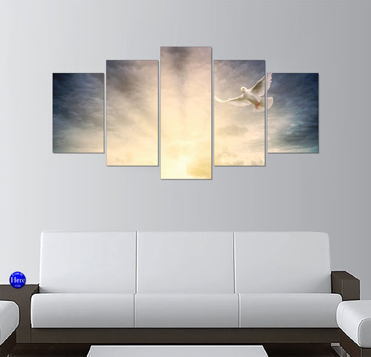 Flying White Dove Through Heavenly Light and Storm Clouds