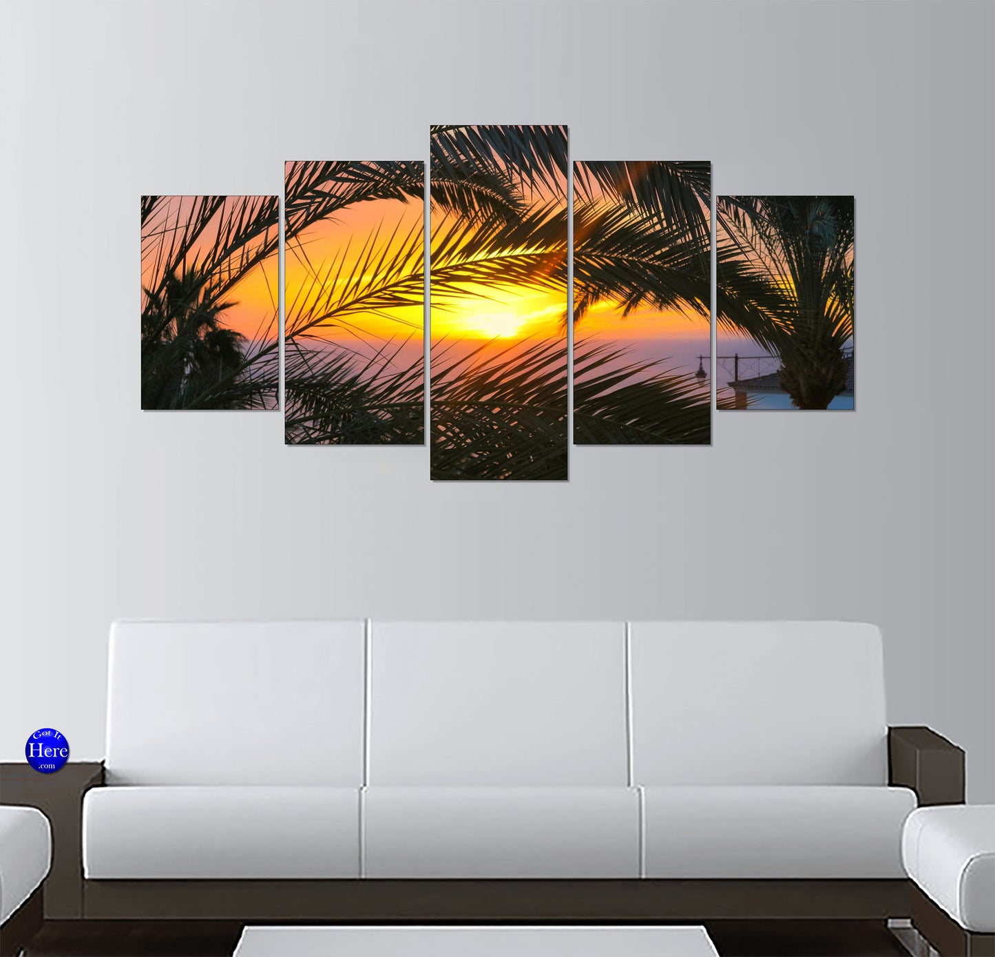 Golden Palm Fronds Over a Mediterranean Coastal Sunset