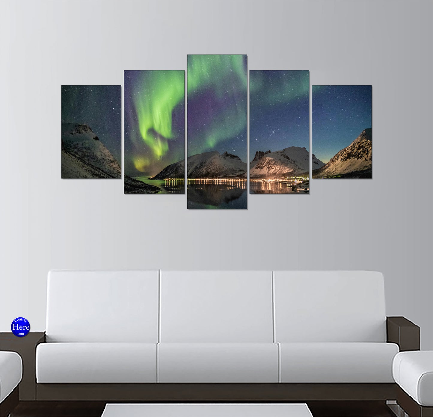 Aurora Borealis Over Snowy Fjord Mountains in Tromso, Norway