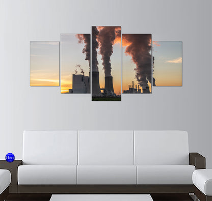 Coal Power Station Sunset With Cooling Towers and Smoke Plumes
