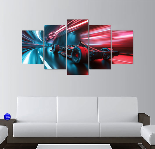 Neon Open-Wheel Formula Race Car in a Red Cyber Tunnel