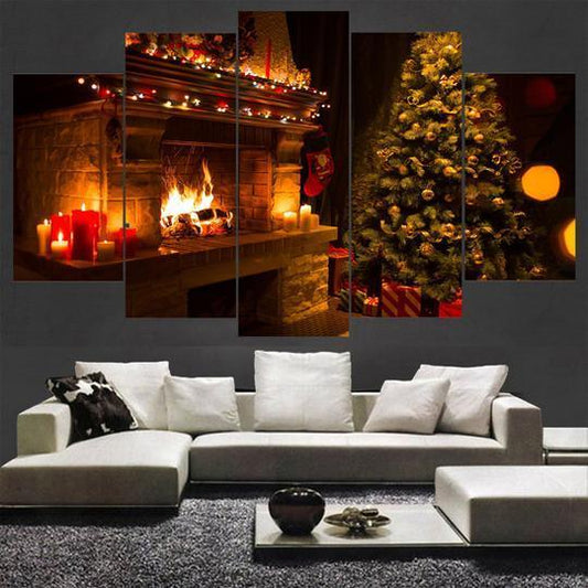 Cozy Fireplace and Christmas Tree Glow 5 Panel Canvas Print Wall Art