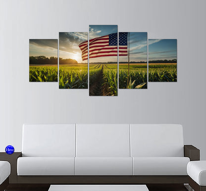 American Flag Over a Rural Cornfield at Sunrise