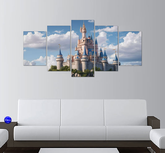 Cinderella's Fairytale Castle In The Sky 5 Panel Canvas Print Wall Art
