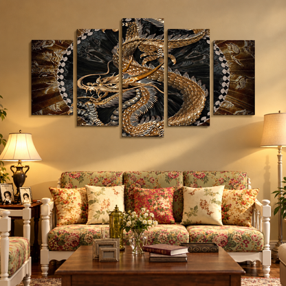 Golden Chinese Imperial Dragon with Traditional Asian Motifs