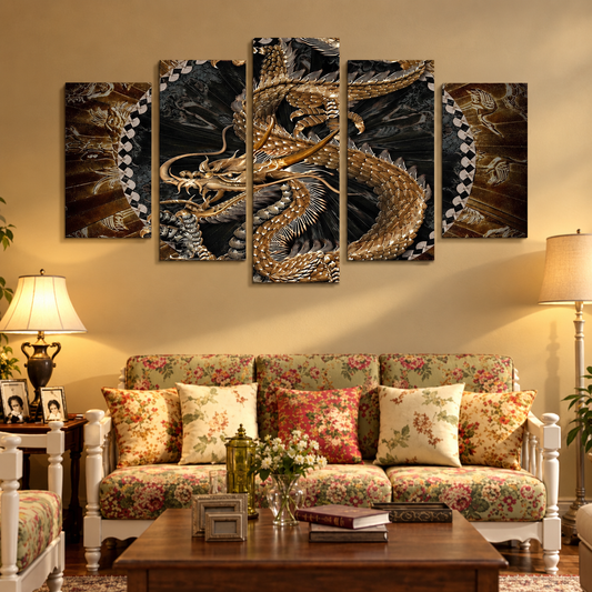 Golden Chinese Imperial Dragon with Traditional Asian Motifs