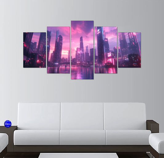 Cyberpunk City Skyline With Neon Magenta Reflections