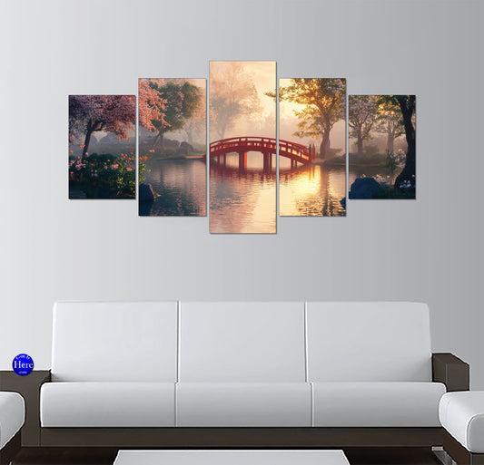 Misty Japanese Garden Bridge with Cherry Blossoms at Sunrise