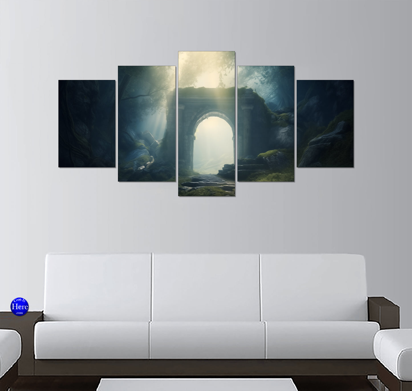 Mossy Ancient Stone Archway in a Foggy Fantasy Forest With Sunbeams