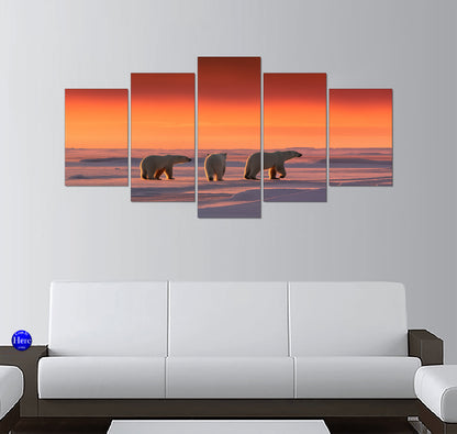 Polar Bear Family Crossing Arctic Pack Ice at Sunset