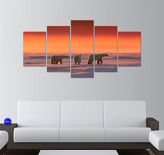 Polar Bear Family Crossing Arctic Pack Ice at Sunset