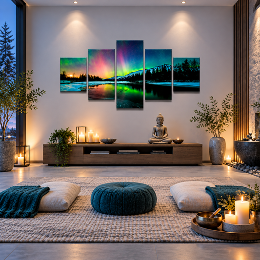 Vibrant Aurora Borealis Above a Snowy Mountain Lake