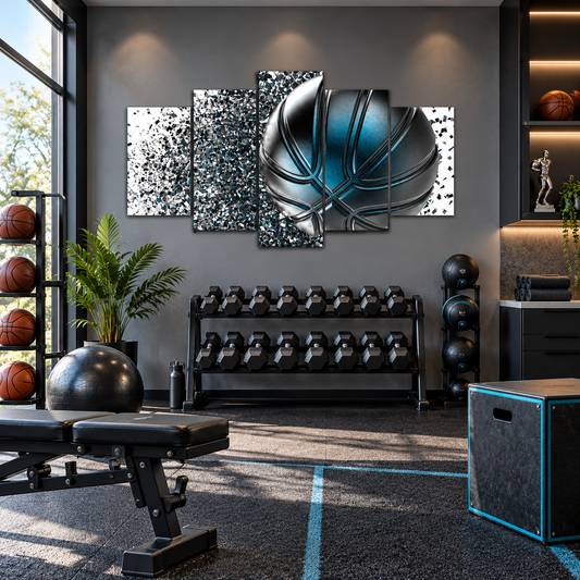 Chrome and Teal Basketball Bursting Through Silver Shards