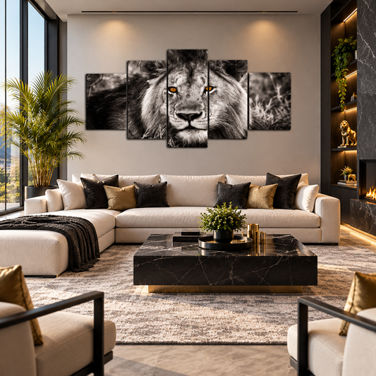 Male African Lion Portrait in Grayscale with Amber Eyes