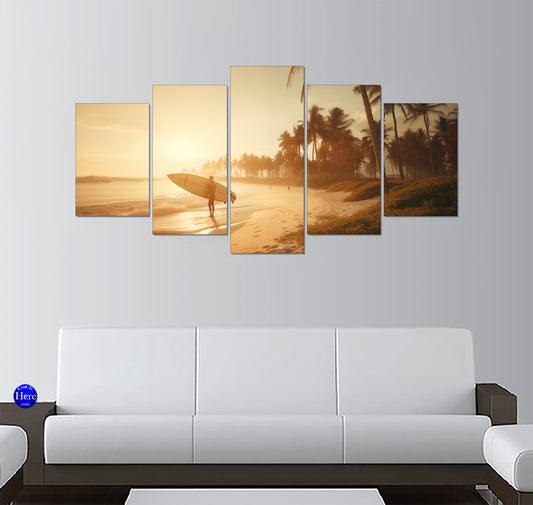 Surfer with a Longboard on a Tropical Beach at Sunset
