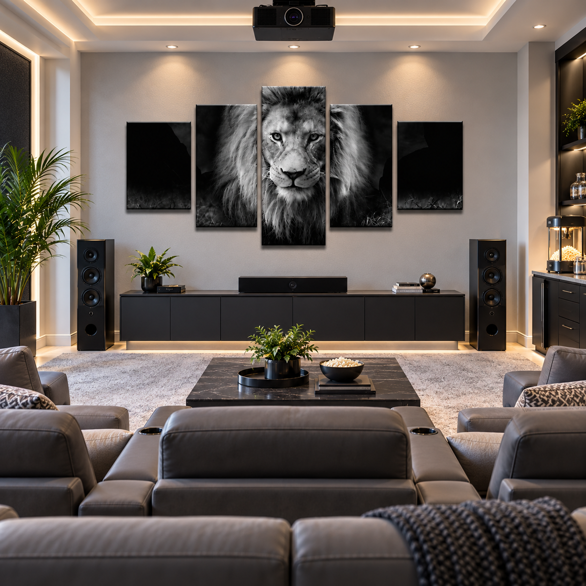 Black and White African Lion Portrait with Intense Gaze