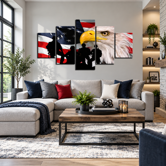 Patriotic American Flag with Bald Eagle and Soldiers