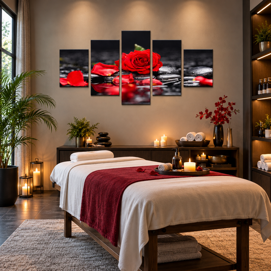 Red Rose on Wet Black Spa Stones with Water Reflection