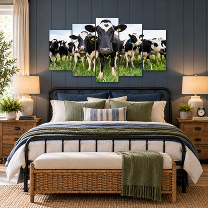 Curious Holstein Cows Gathered in a Green Pasture
