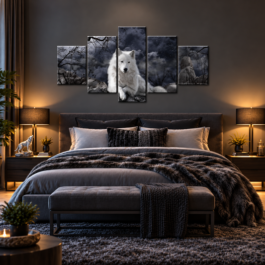 White Arctic Wolf Portrait Beneath a Midnight Storm Sky