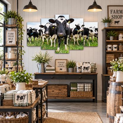 Curious Holstein Cows Gathered in a Green Pasture