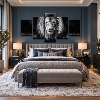 Black and White African Lion Portrait with Intense Gaze