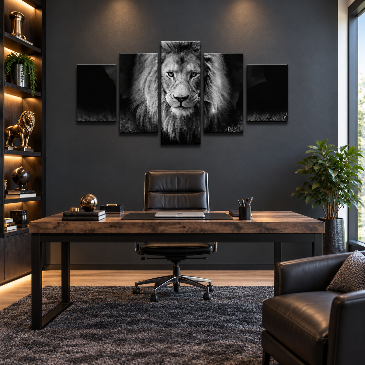 Black and White African Lion Portrait with Intense Gaze