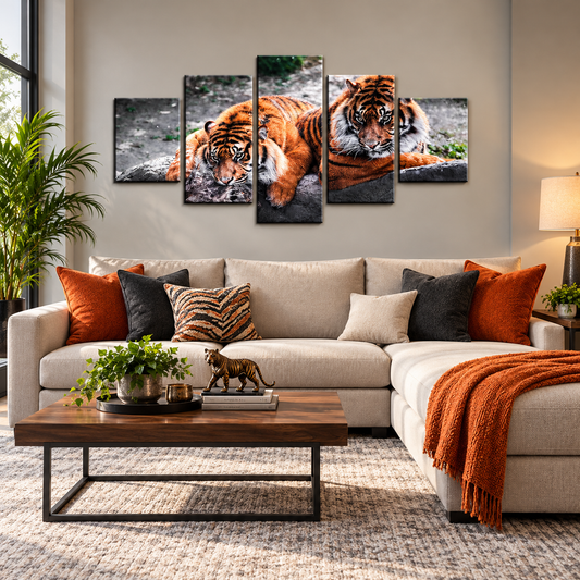 Two Bengal Tigers Resting on a Rugged Stone Ledge