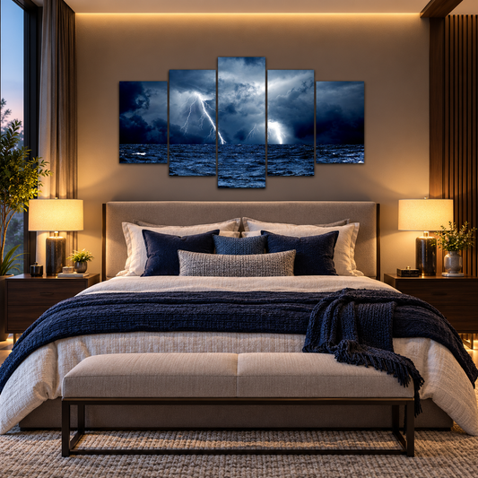 Lightning Storm Over Turbulent Blue Ocean Waves