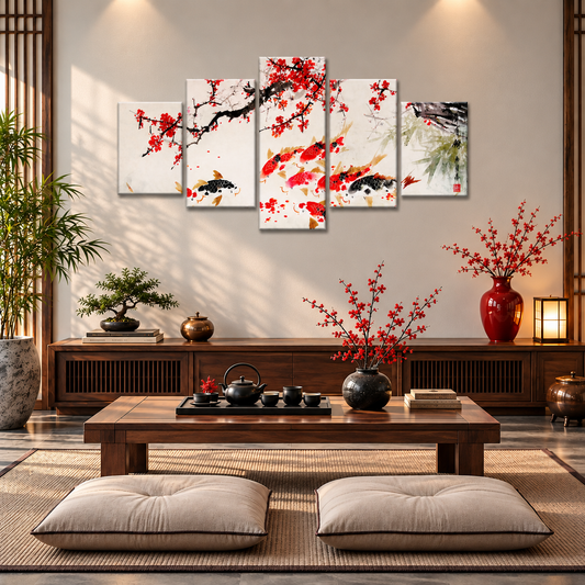 Koi Fish Beneath Red Plum Blossoms in Traditional Chinese Watercolor