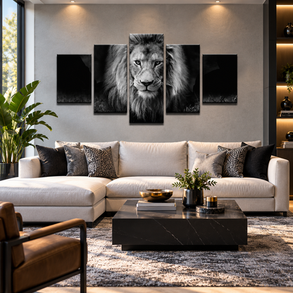 Black and White African Lion Portrait with Intense Gaze