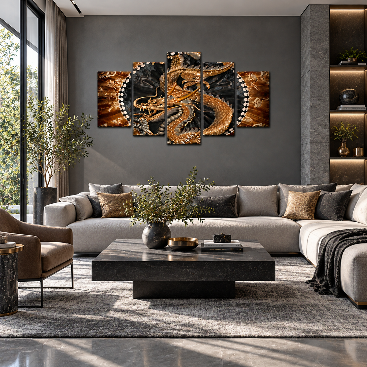 Golden Chinese Imperial Dragon with Traditional Asian Motifs
