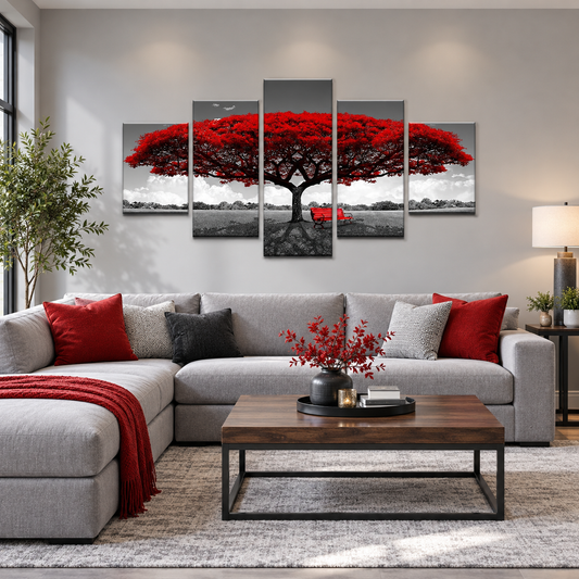 Crimson Tree and Red Park Bench in a Selective Color Landscape