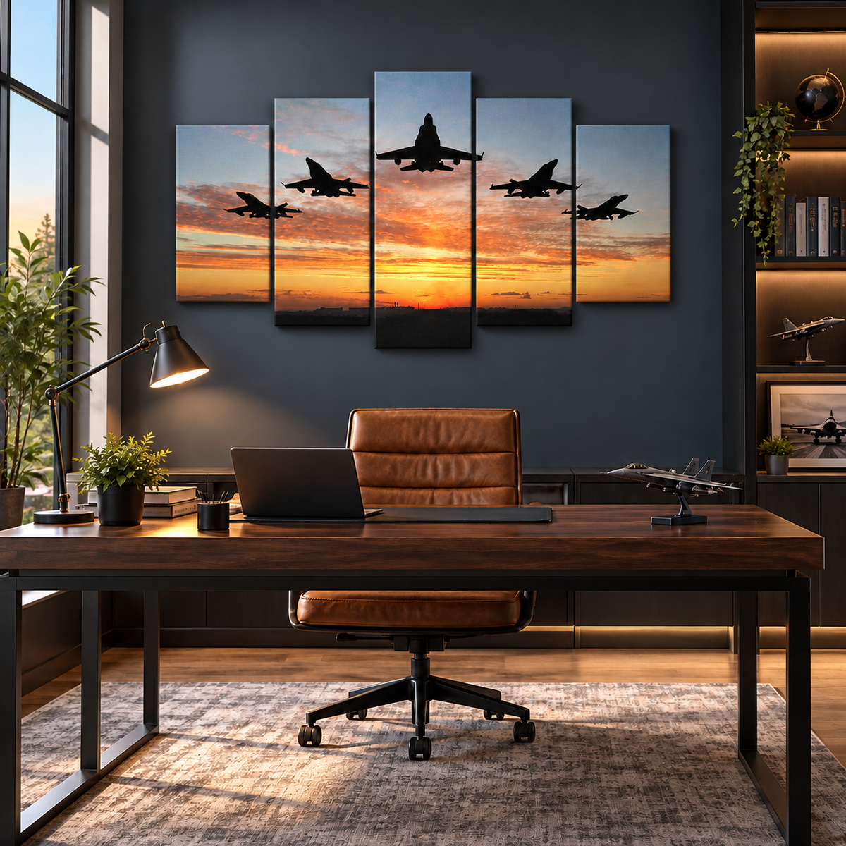 Su-27 Flanker-Style Fighter Jets in V Formation at Sunset