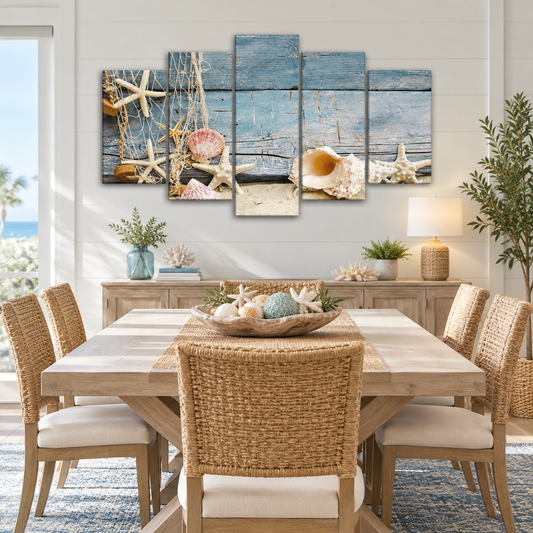 Coastal Seashells and Starfish Against Weathered Blue Wood