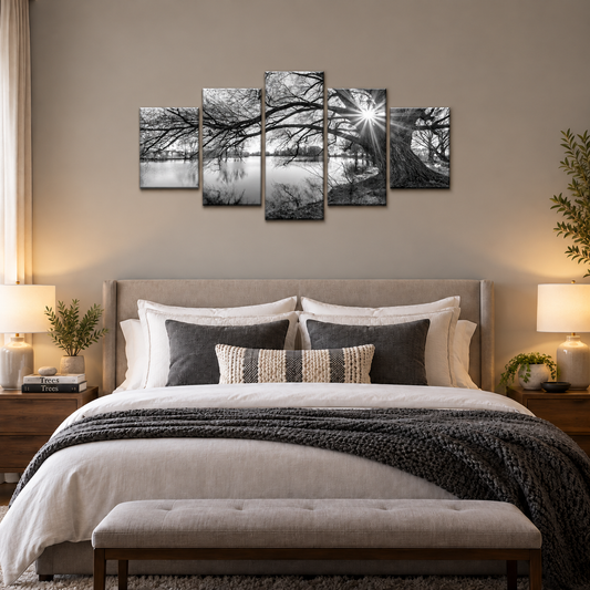 Black and White Lakeside Tree with Sunburst Rays