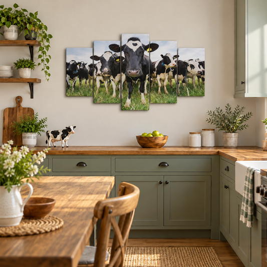 Curious Holstein Cows Gathered in a Green Pasture