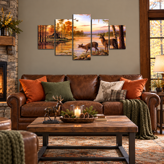 White-Tailed Deer by an Autumn Lake and Log Cabin