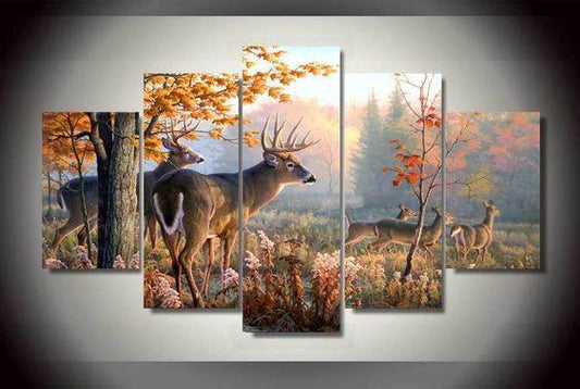 Whitetail Deer Family in Misty Autumn Forest Meadow