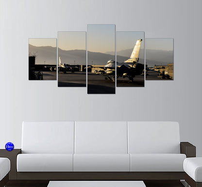F-16 On Tarmac At Dawn 5 Panel Canvas Print Wall Art
