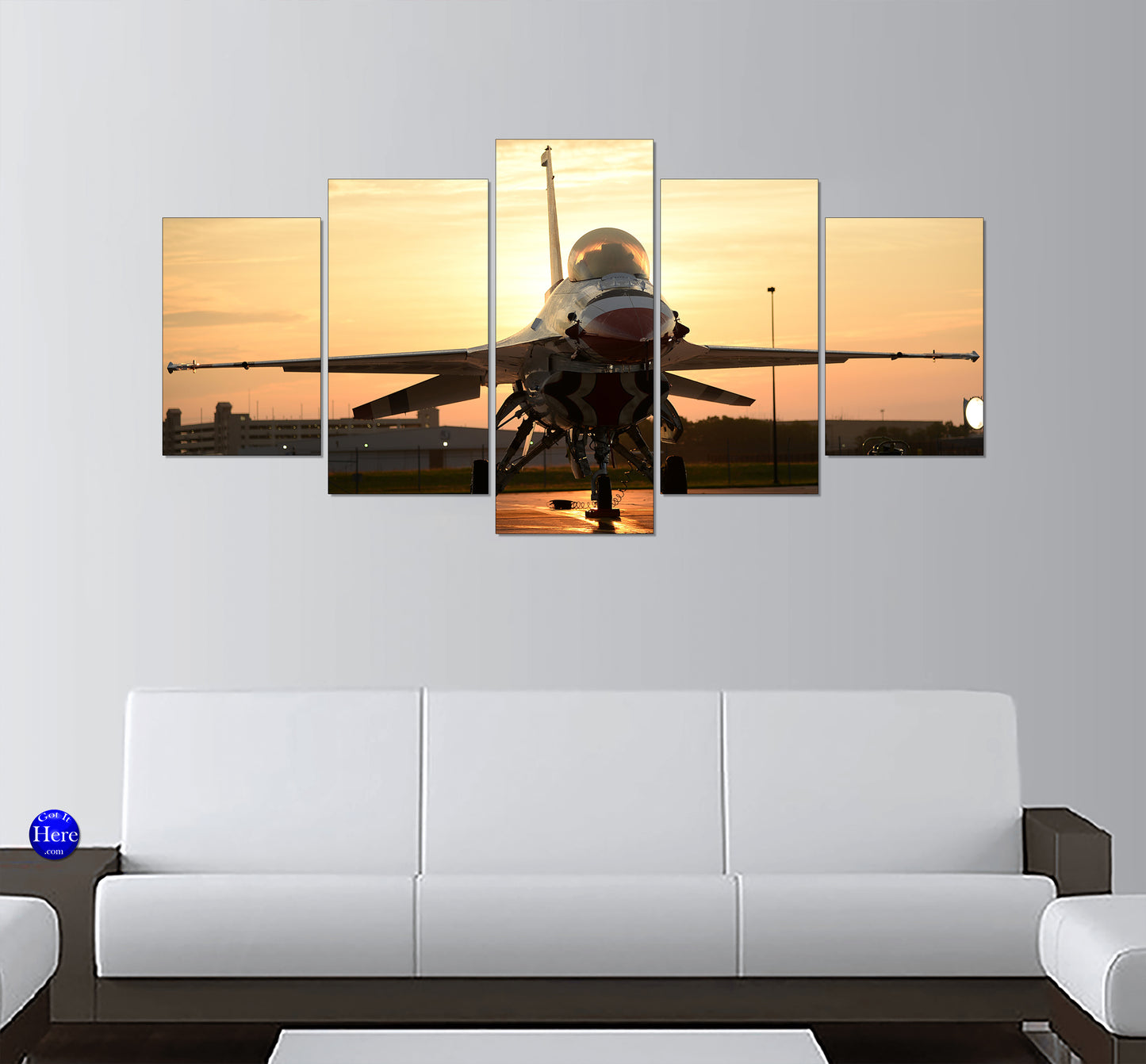 F-16 On Tarmac At Sunset 5 Panel Canvas Print Wall Art