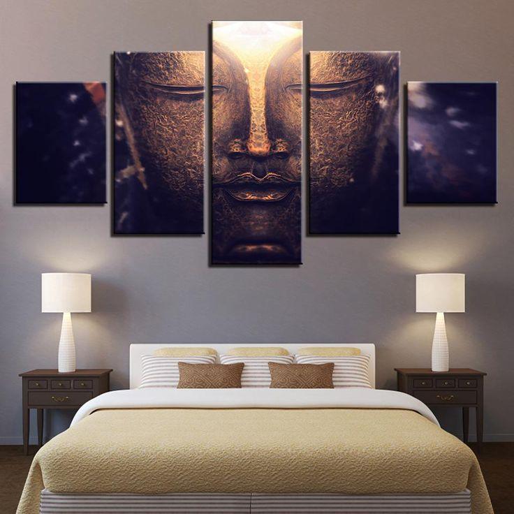 Buddha Face Close-Up with Textured Bronze and Soft Night Light 5 Panel Canvas Print Wall Art