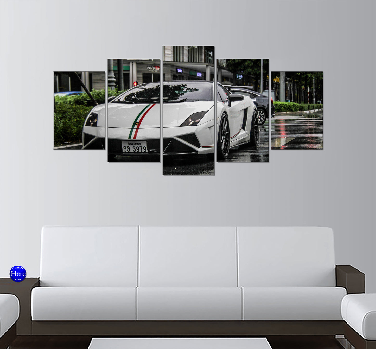 Lamborghini Gallardo White Italia Stripe 5 Panel Canvas Print Wall Art