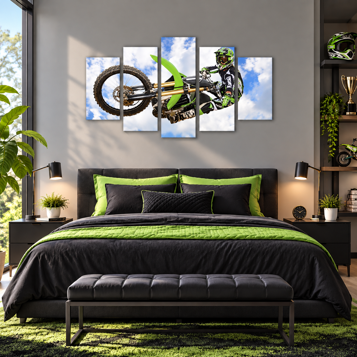 Kawasaki Freestyle Motocross Rider Performing a Midair Whip