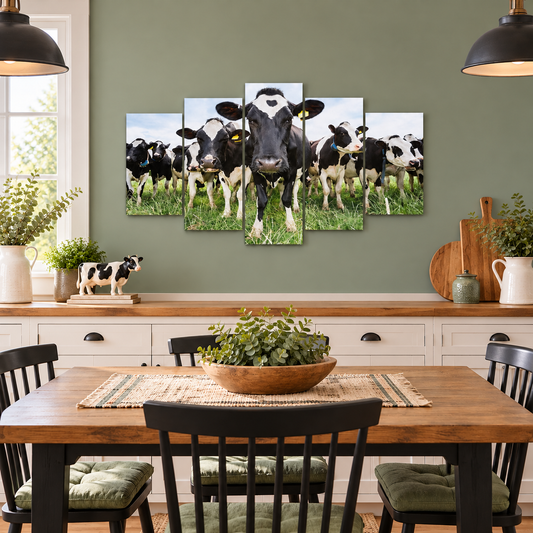 Curious Holstein Cows Gathered in a Green Pasture